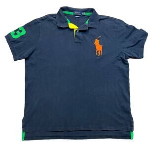 Polo Ralph Lauren Custom Fit Shirt Blue Big Red Pony ,Green‎ 3 on Sleeve Size XL